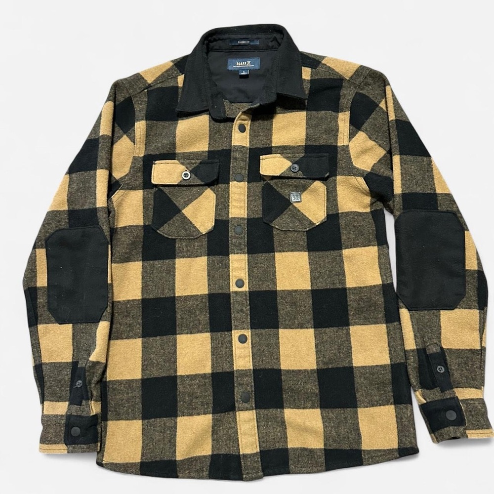 Men’s Roark Black and Tan Plaid Shirt With Snaps, Size Small